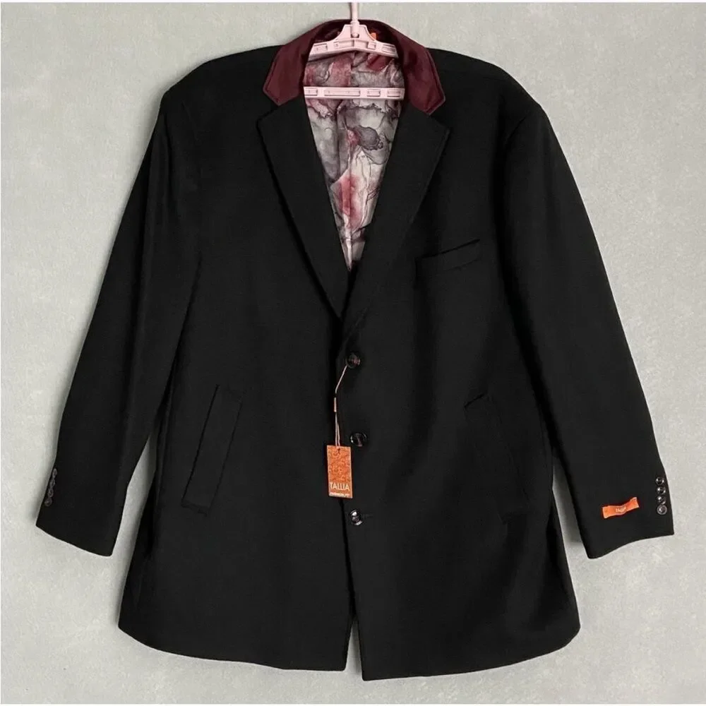 Tallia Men's Velutti Overcoat Solid Black Wool Blend Contrasting Collar NWT $498